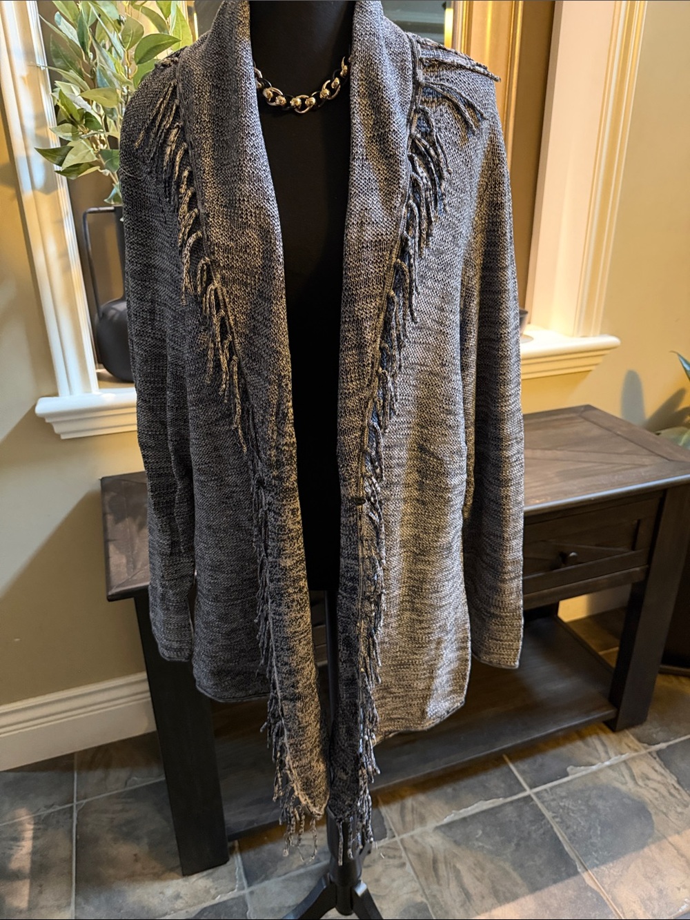 Addition Elle Gray Fringe Open-Front Cardigan